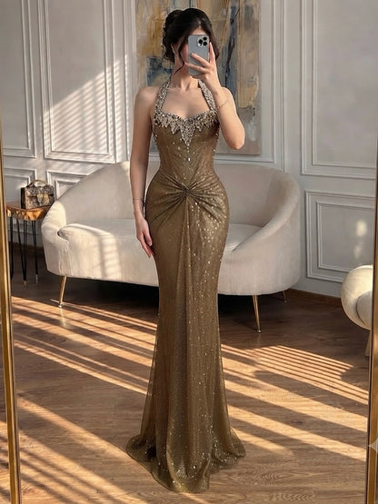 Luxury Gold Halter Crystal Beaded Mermaid Evening Dress LA73410B
