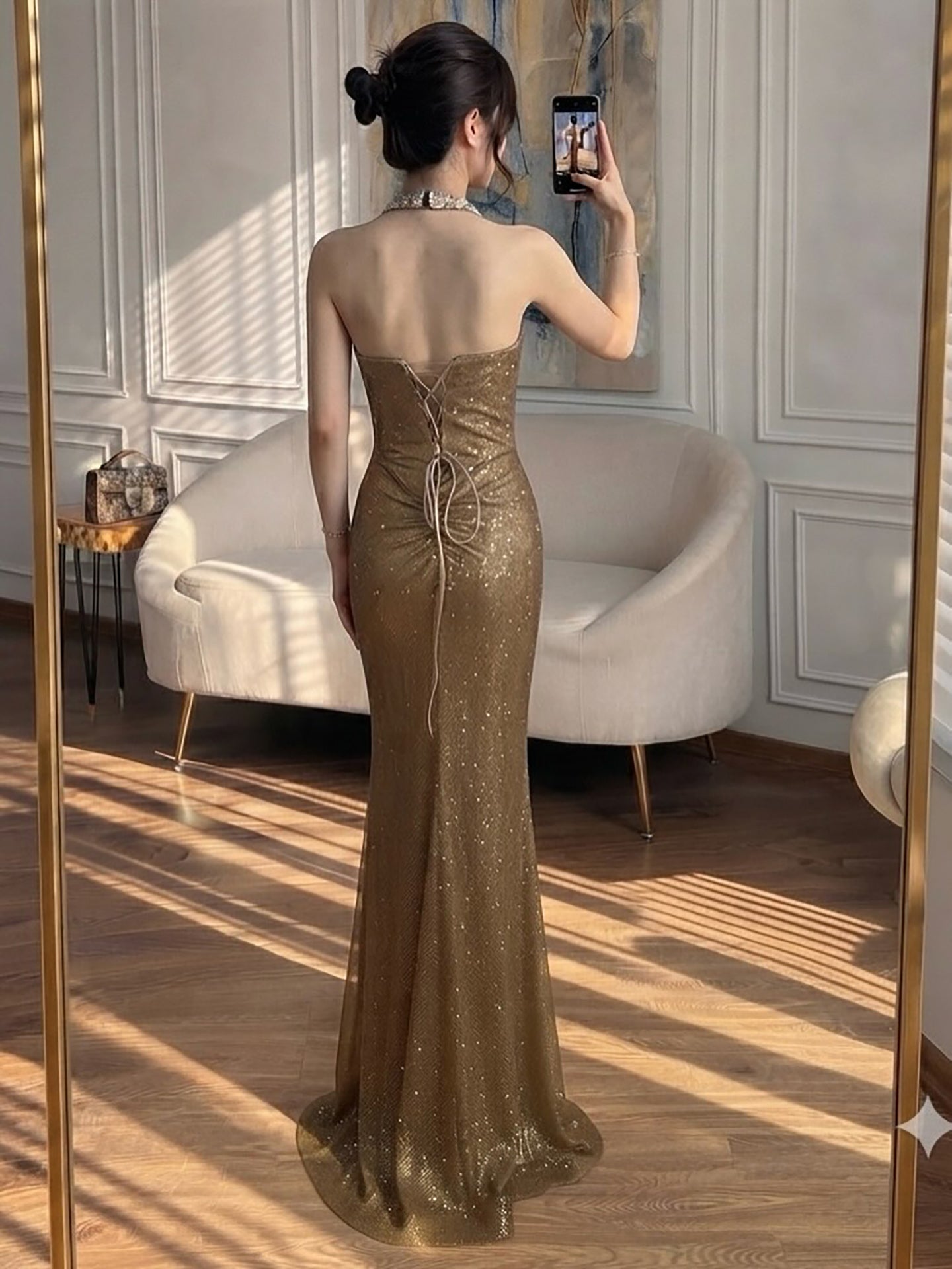 Luxury Gold Halter Crystal Beaded Mermaid Evening Dress LA73410B
