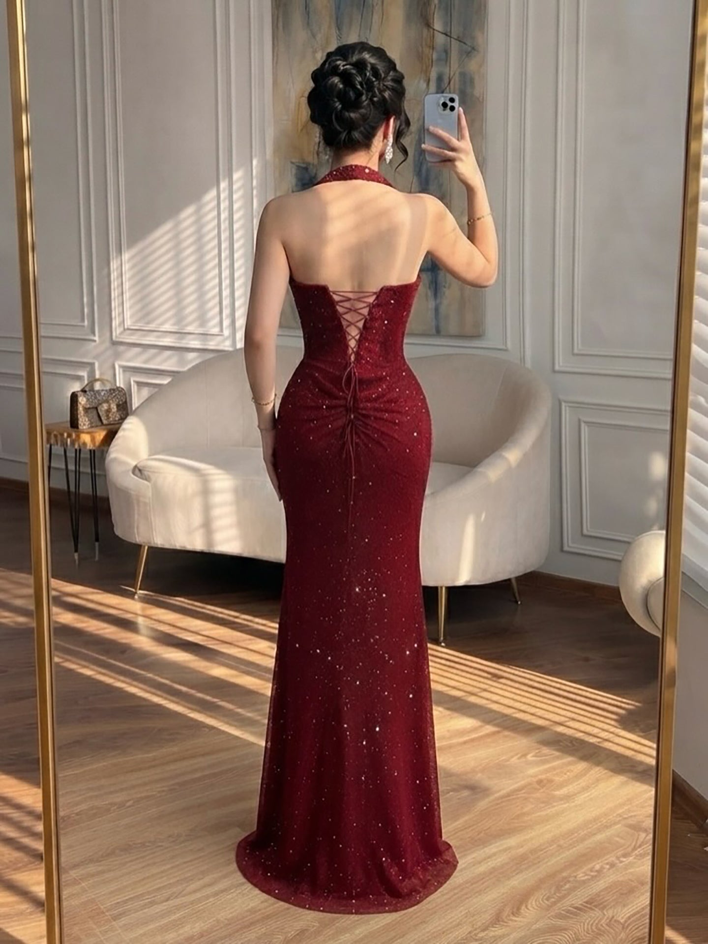 Luxury Gold Halter Crystal Beaded Mermaid Evening Dress LA73410B