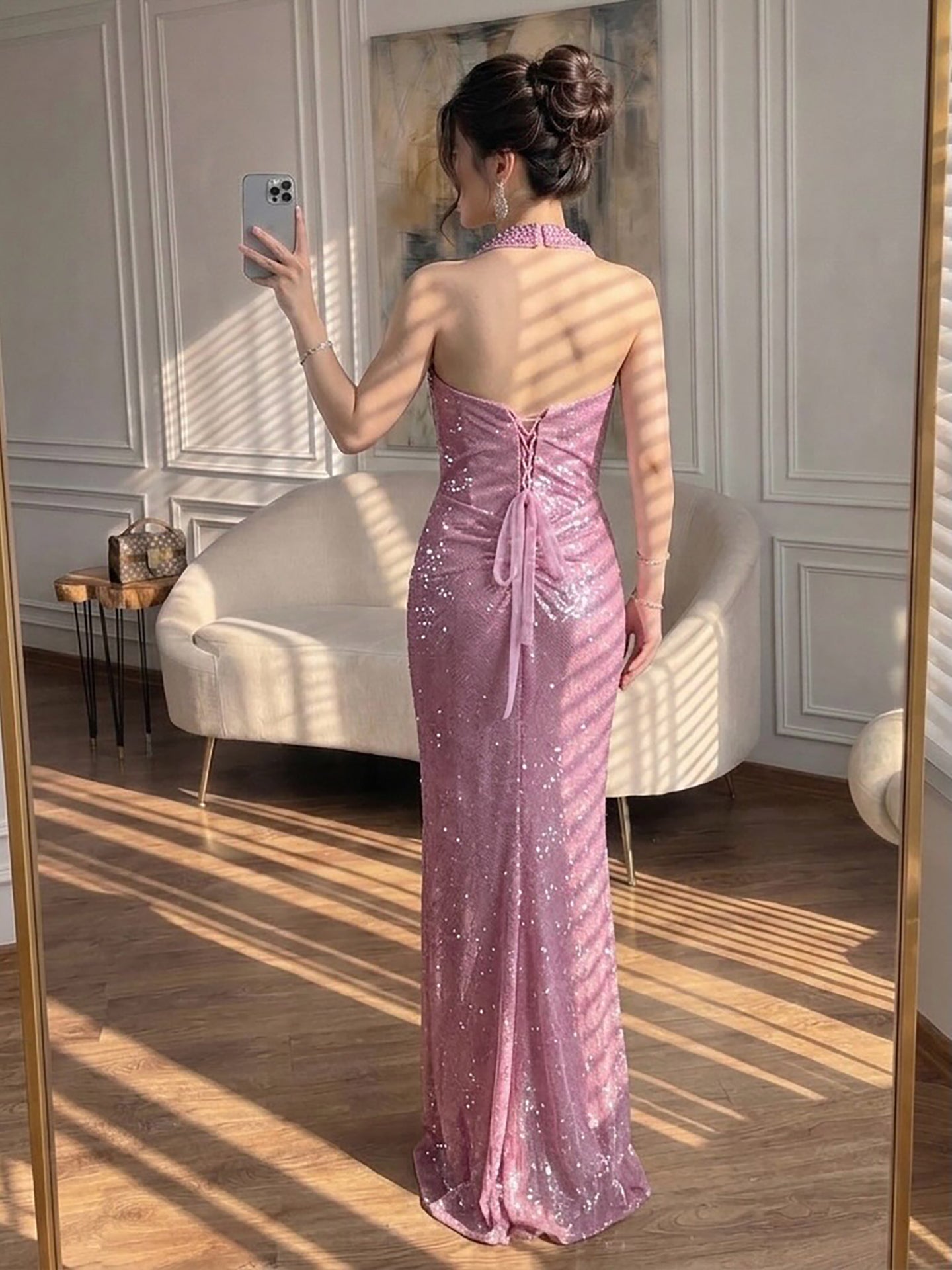 Luxury Gold Halter Crystal Beaded Mermaid Evening Dress LA73410B