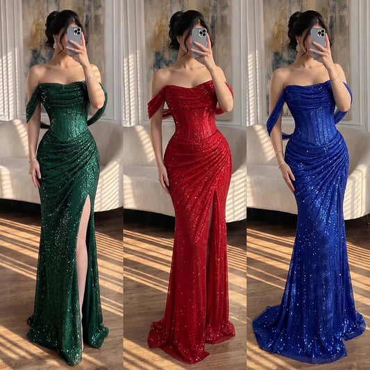 Luxury Gold Sparkly Off-the-Shoulder Corset Mermaid Evening Dress with Slit LA73410C