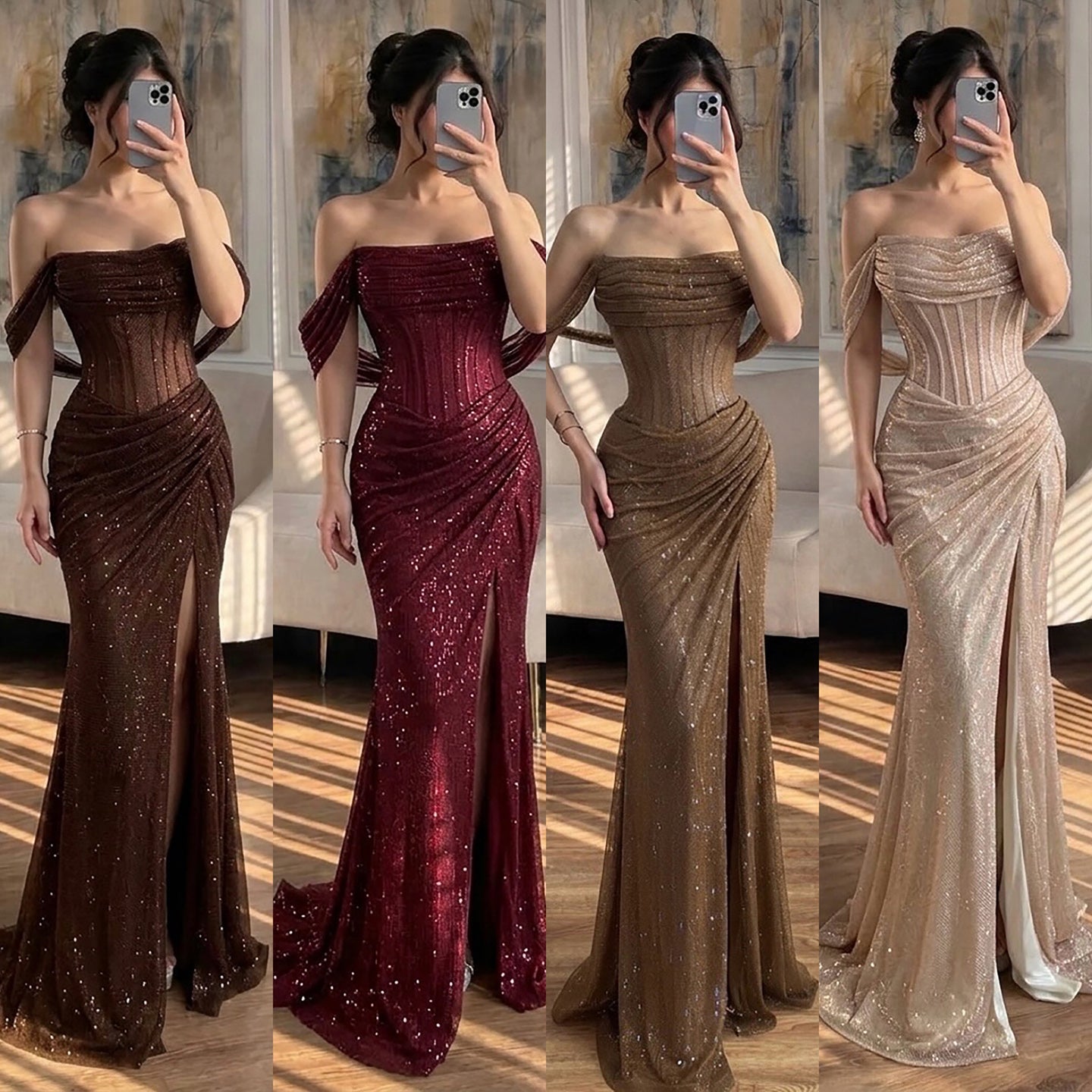 Luxury Gold Sparkly Off-the-Shoulder Corset Mermaid Evening Dress with Slit LA73410C