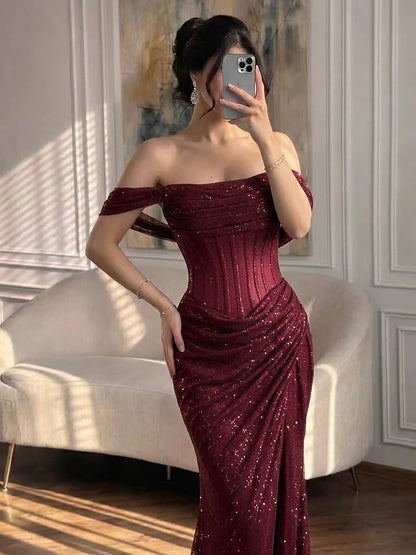 Luxury Gold Sparkly Off-the-Shoulder Corset Mermaid Evening Dress with Slit LA73410C