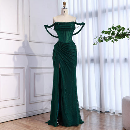 Luxury Gold Sparkly Off-the-Shoulder Corset Mermaid Evening Dress with Slit LA73410C