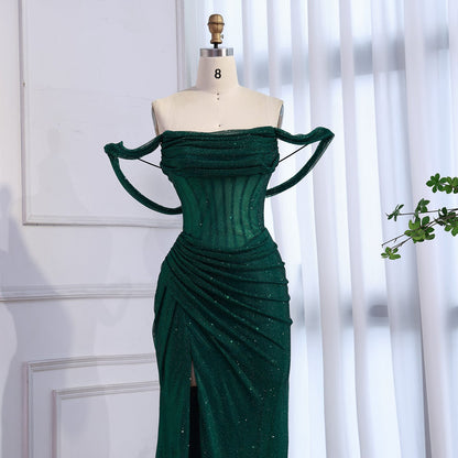 Luxury Gold Sparkly Off-the-Shoulder Corset Mermaid Evening Dress with Slit LA73410C