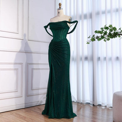 Luxury Gold Sparkly Off-the-Shoulder Corset Mermaid Evening Dress with Slit LA73410C