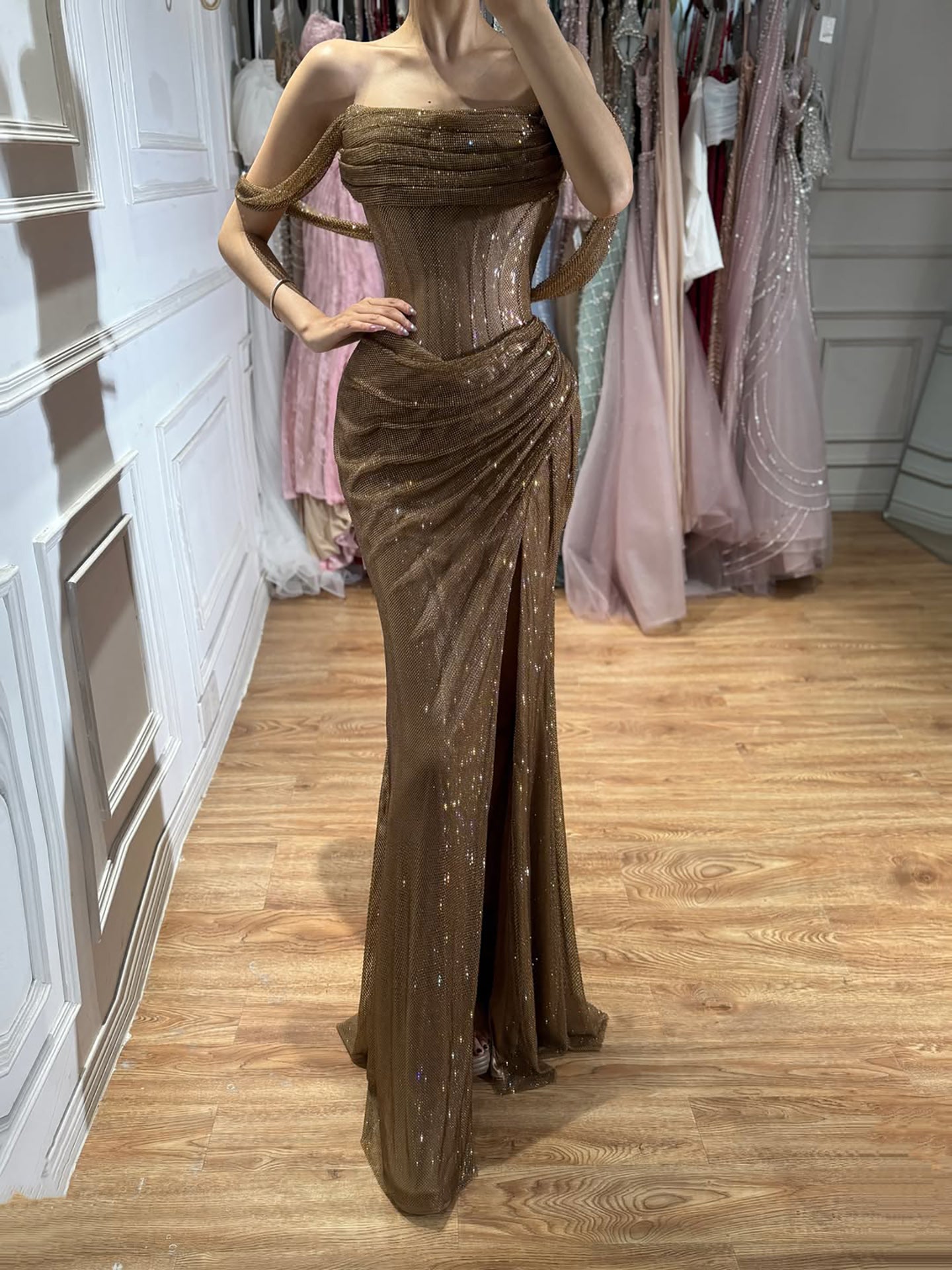 Luxury Gold Sparkly Off-the-Shoulder Corset Mermaid Evening Dress with Slit LA73410C