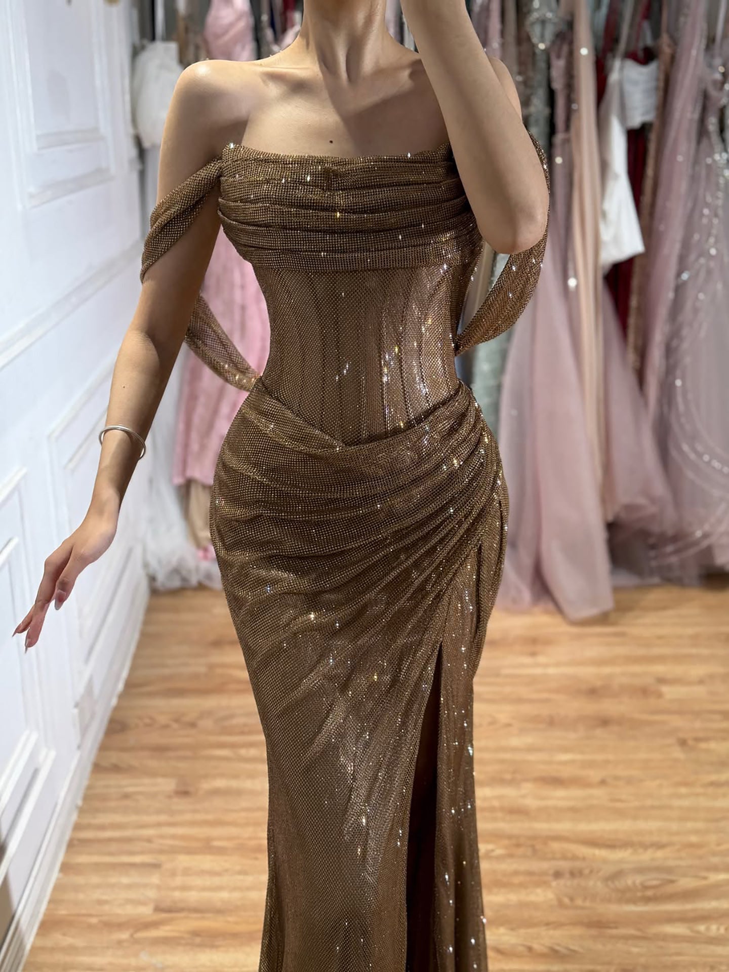 Luxury Gold Sparkly Off-the-Shoulder Corset Mermaid Evening Dress with Slit LA73410C