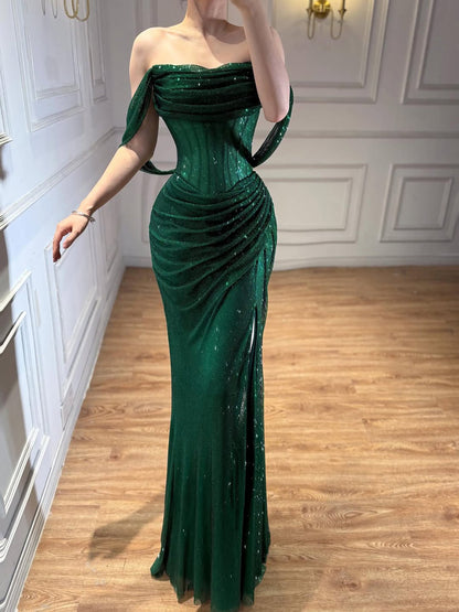 Luxury Gold Sparkly Off-the-Shoulder Corset Mermaid Evening Dress with Slit LA73410C