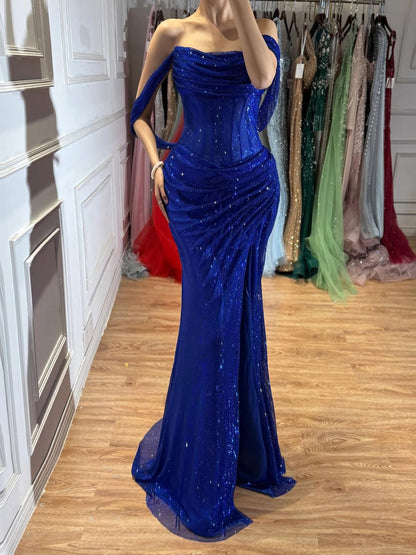 Luxury Gold Sparkly Off-the-Shoulder Corset Mermaid Evening Dress with Slit LA73410C