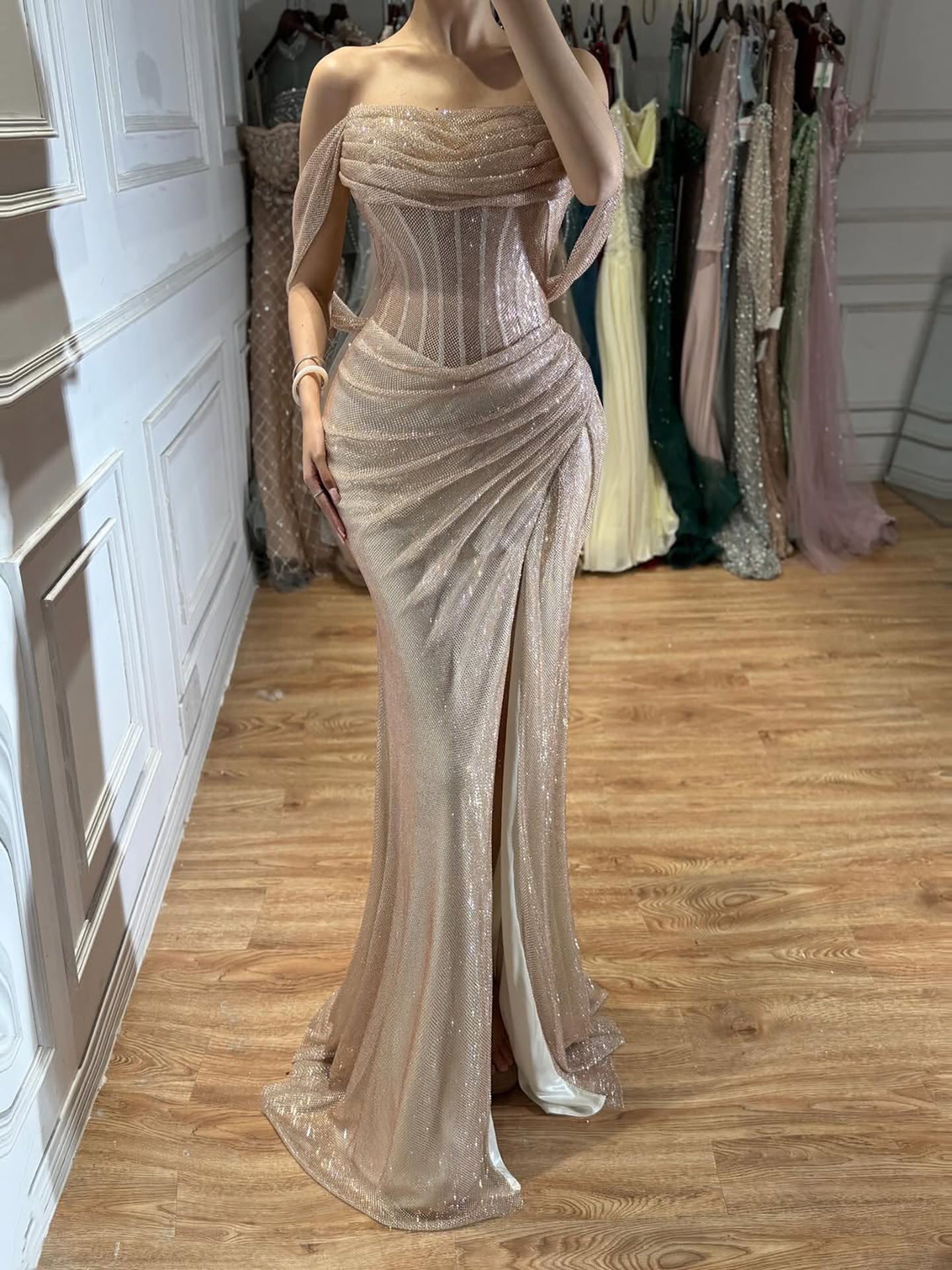 Luxury Gold Sparkly Off-the-Shoulder Corset Mermaid Evening Dress with Slit LA73410C