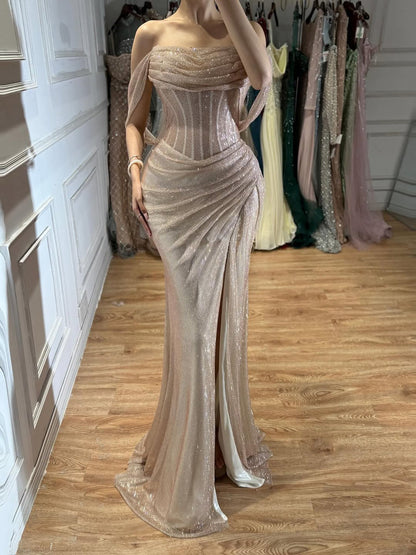 Luxury Gold Sparkly Off-the-Shoulder Corset Mermaid Evening Dress with Slit LA73410C