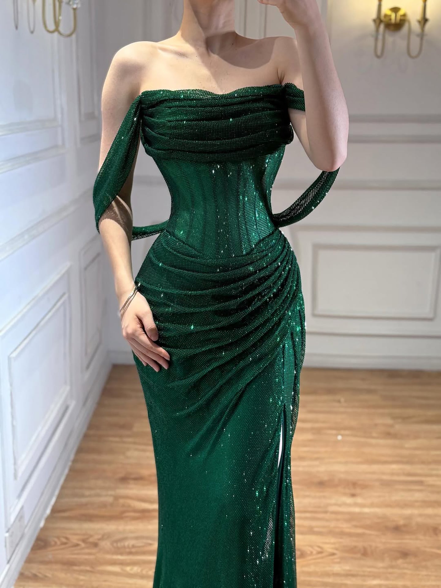 Luxury Gold Sparkly Off-the-Shoulder Corset Mermaid Evening Dress with Slit LA73410C