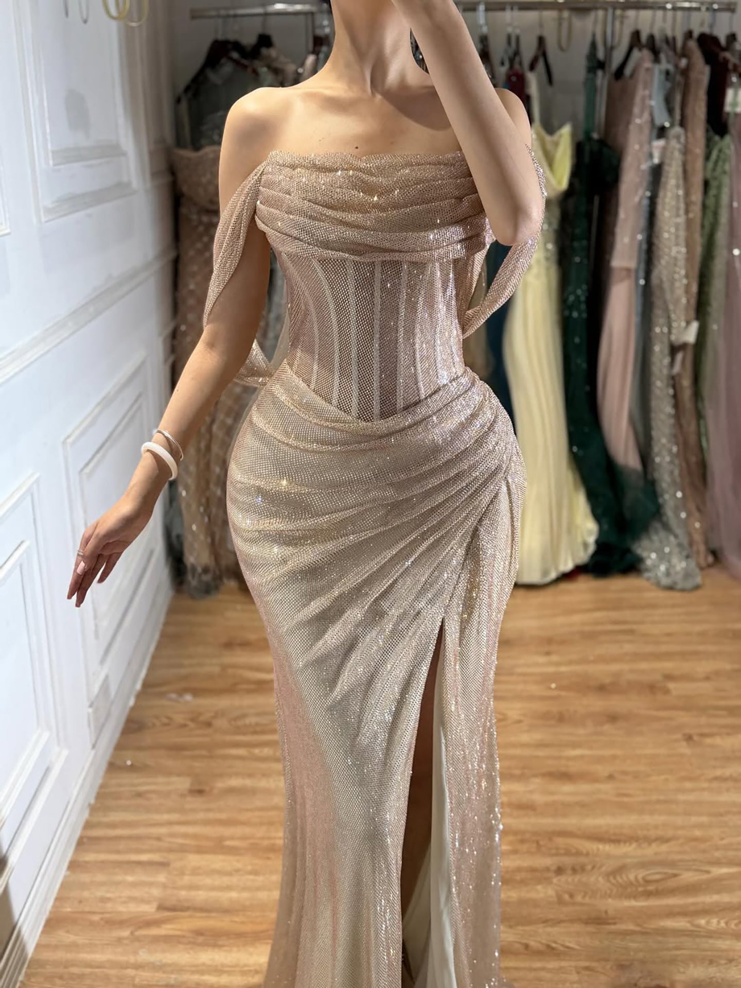 Luxury Gold Sparkly Off-the-Shoulder Corset Mermaid Evening Dress with Slit LA73410C