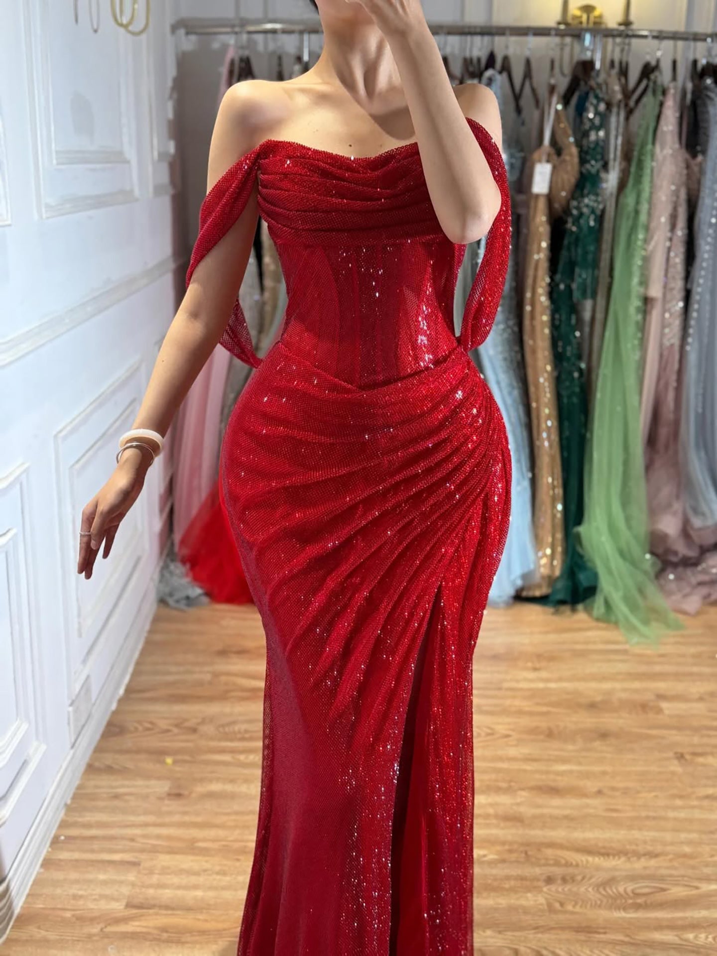Luxury Gold Sparkly Off-the-Shoulder Corset Mermaid Evening Dress with Slit LA73410C