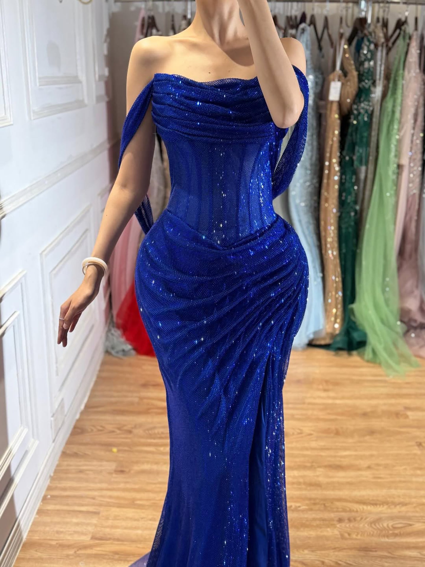 Luxury Gold Sparkly Off-the-Shoulder Corset Mermaid Evening Dress with Slit LA73410C
