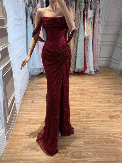 Luxury Gold Sparkly Off-the-Shoulder Corset Mermaid Evening Dress with Slit LA73410C