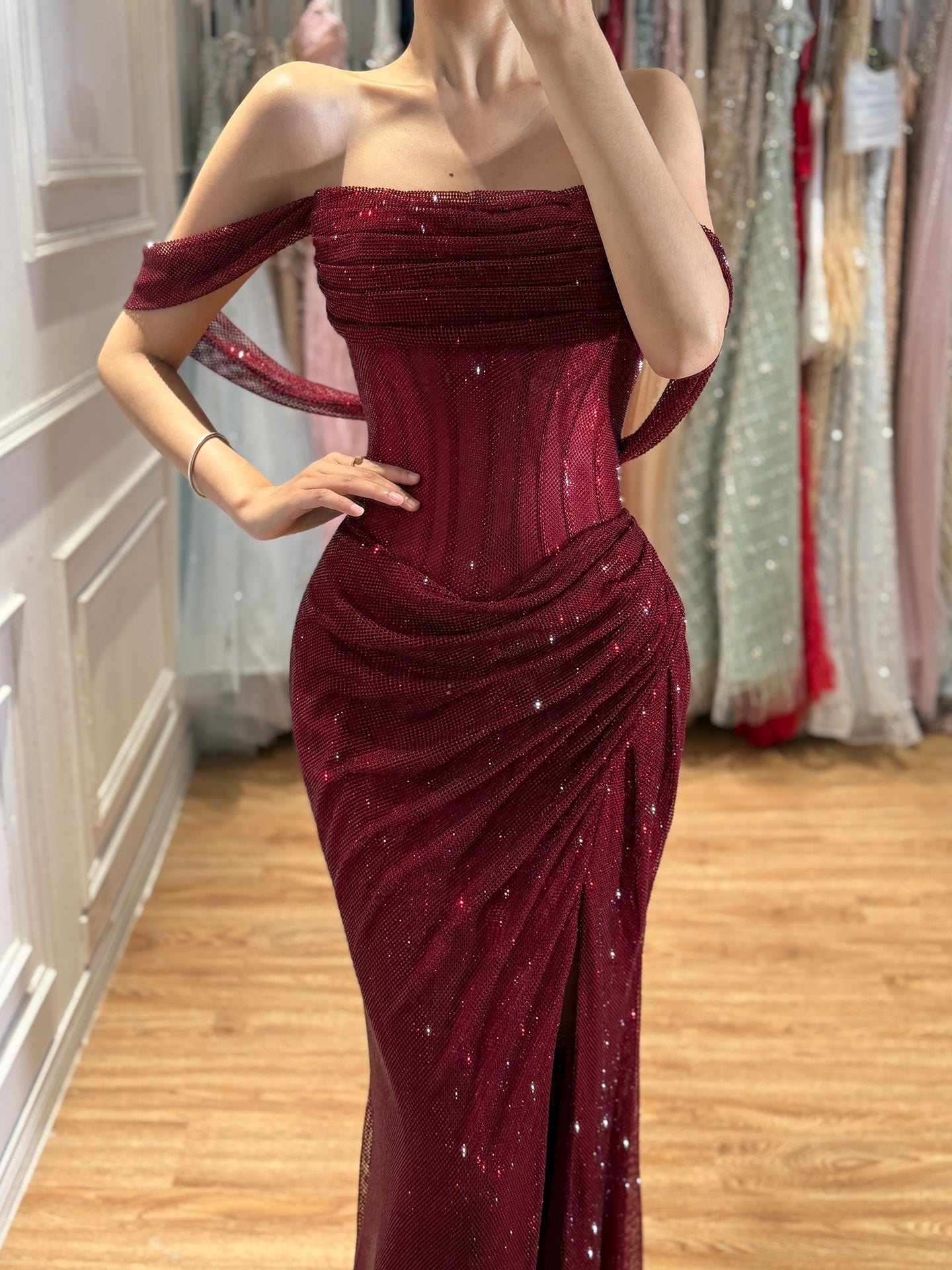 Luxury Gold Sparkly Off-the-Shoulder Corset Mermaid Evening Dress with Slit LA73410C