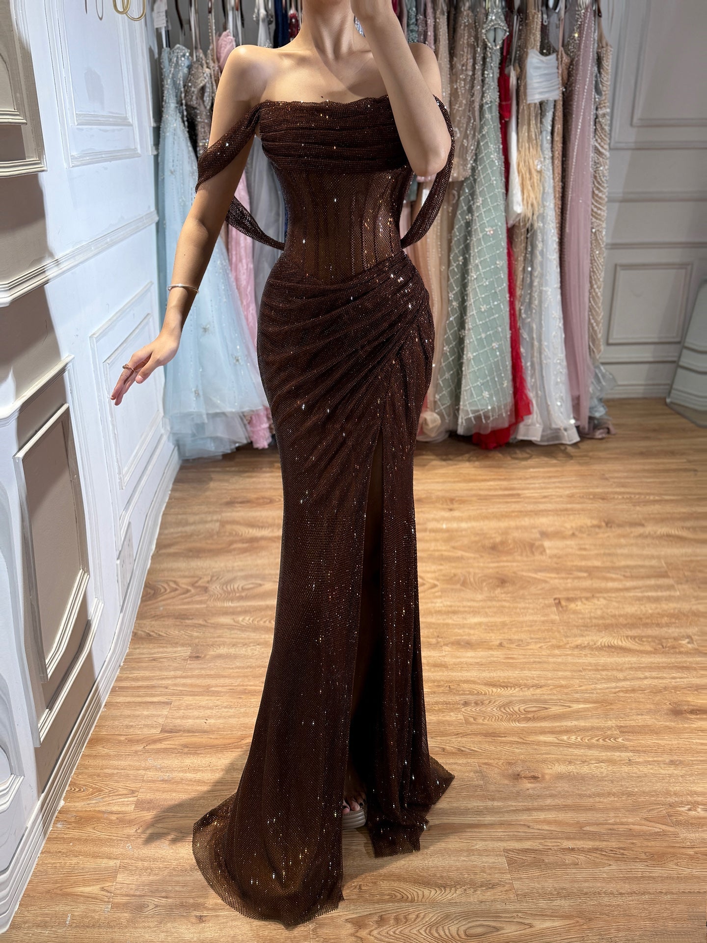 Luxury Gold Sparkly Off-the-Shoulder Corset Mermaid Evening Dress with Slit LA73410C