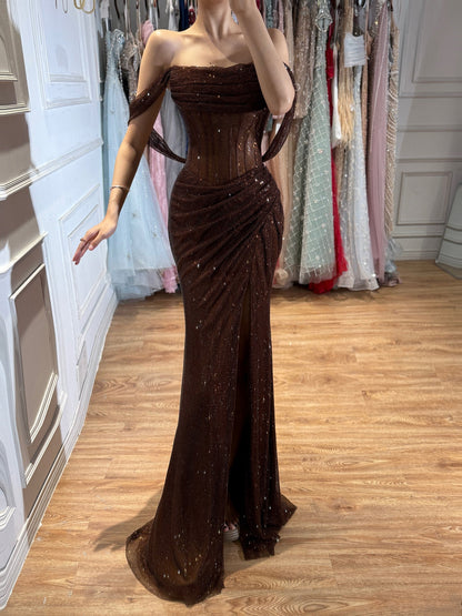 Luxury Gold Sparkly Off-the-Shoulder Corset Mermaid Evening Dress with Slit LA73410C