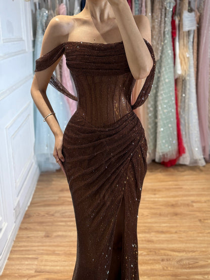 Luxury Gold Sparkly Off-the-Shoulder Corset Mermaid Evening Dress with Slit LA73410C