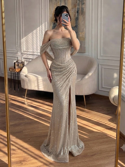 Luxury Gold Sparkly Off-the-Shoulder Corset Mermaid Evening Dress with Slit LA73410C