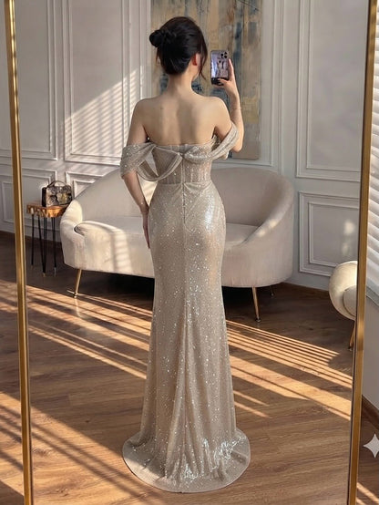 Luxury Gold Sparkly Off-the-Shoulder Corset Mermaid Evening Dress with Slit LA73410C