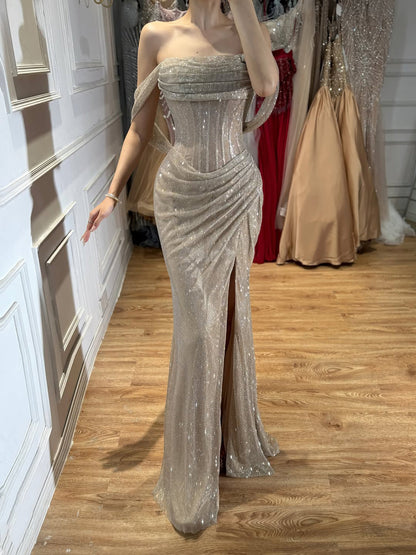 Luxury Gold Sparkly Off-the-Shoulder Corset Mermaid Evening Dress with Slit LA73410C