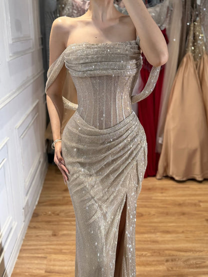 Luxury Gold Sparkly Off-the-Shoulder Corset Mermaid Evening Dress with Slit LA73410C