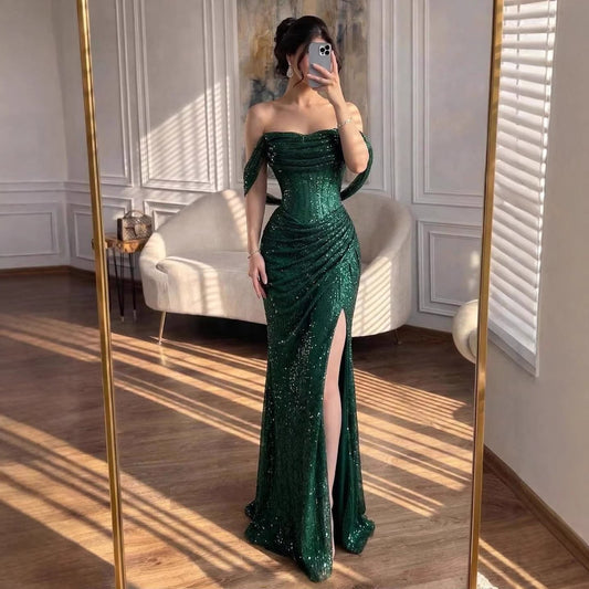 Luxury Gold Sparkly Off-the-Shoulder Corset Mermaid Evening Dress with Slit LA73410C