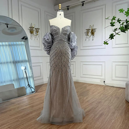 Nude Luxury Beaded Strapless Evening Dress with Detachable Puffy Cape LA73411