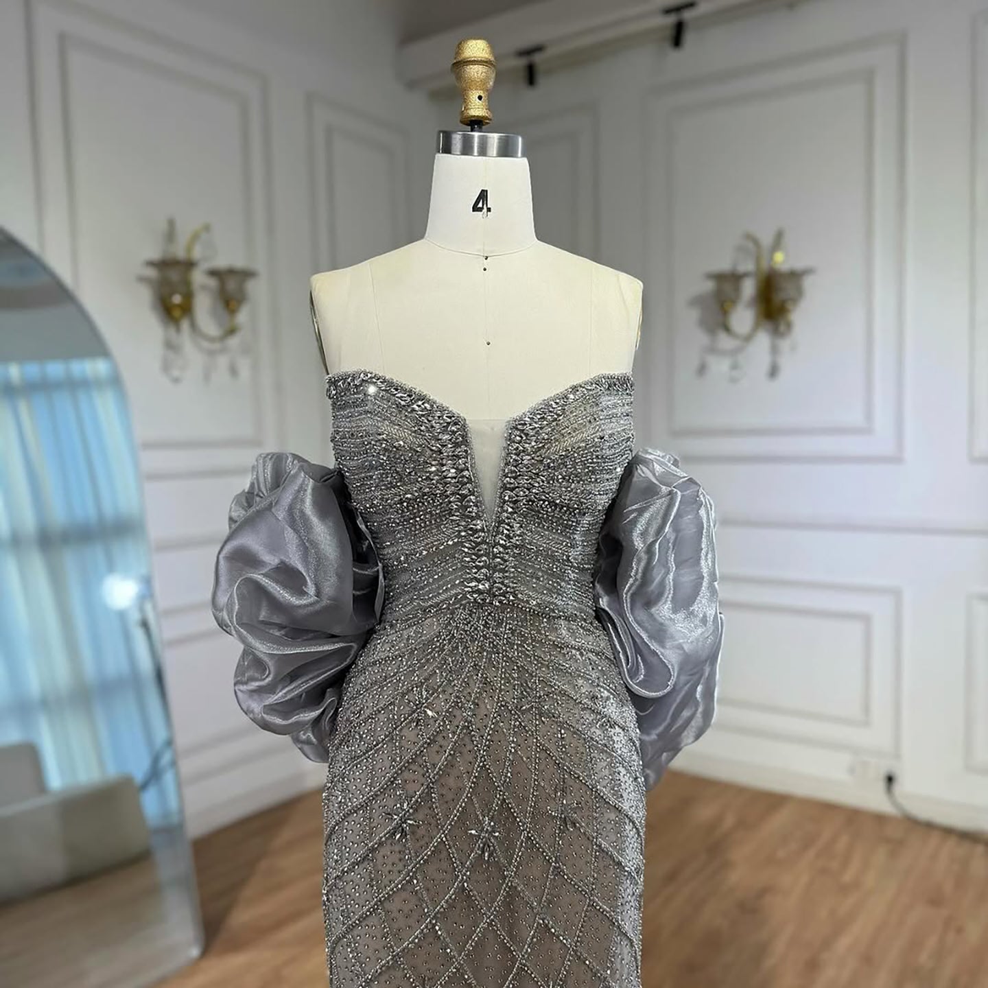 Nude Luxury Beaded Strapless Evening Dress with Detachable Puffy Cape LA73411