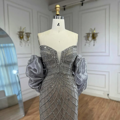 Nude Luxury Beaded Strapless Evening Dress with Detachable Puffy Cape LA73411