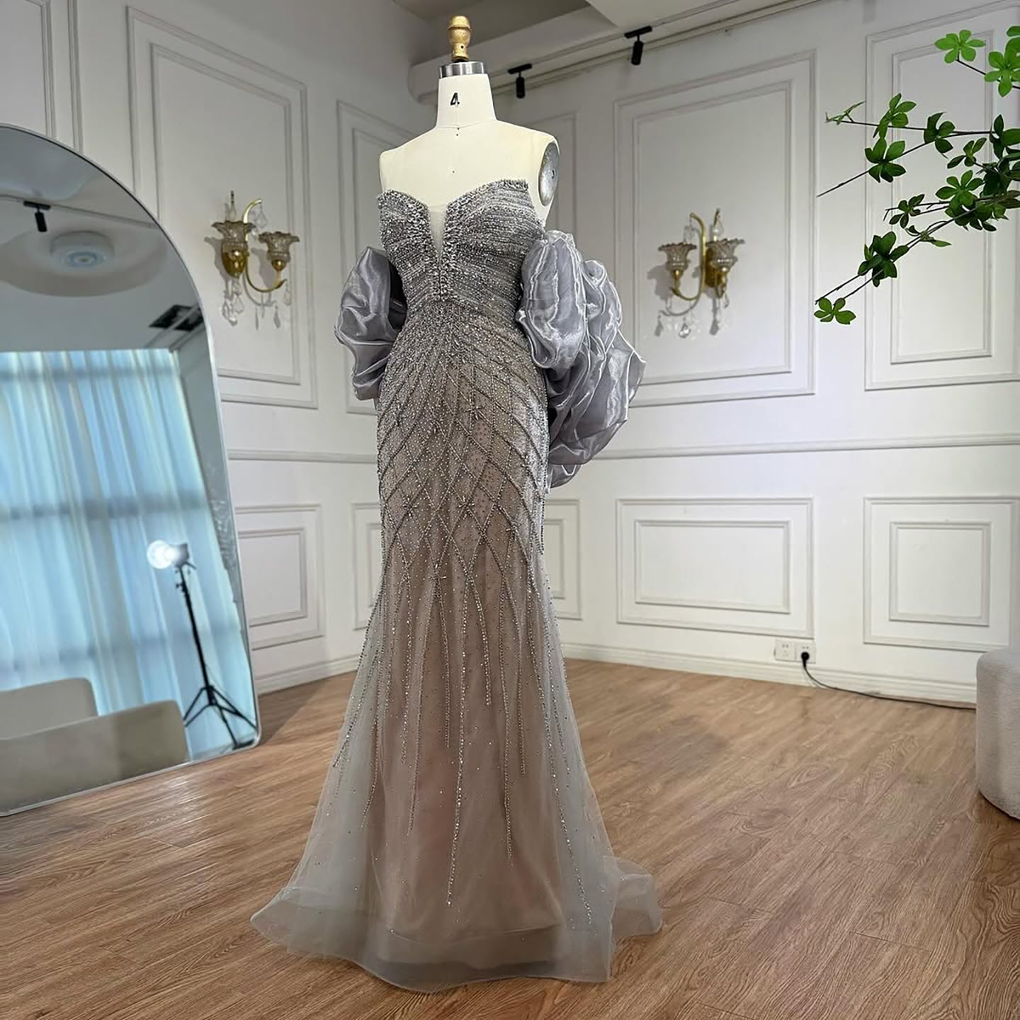 Nude Luxury Beaded Strapless Evening Dress with Detachable Puffy Cape LA73411
