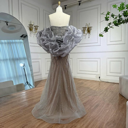 Nude Luxury Beaded Strapless Evening Dress with Detachable Puffy Cape LA73411