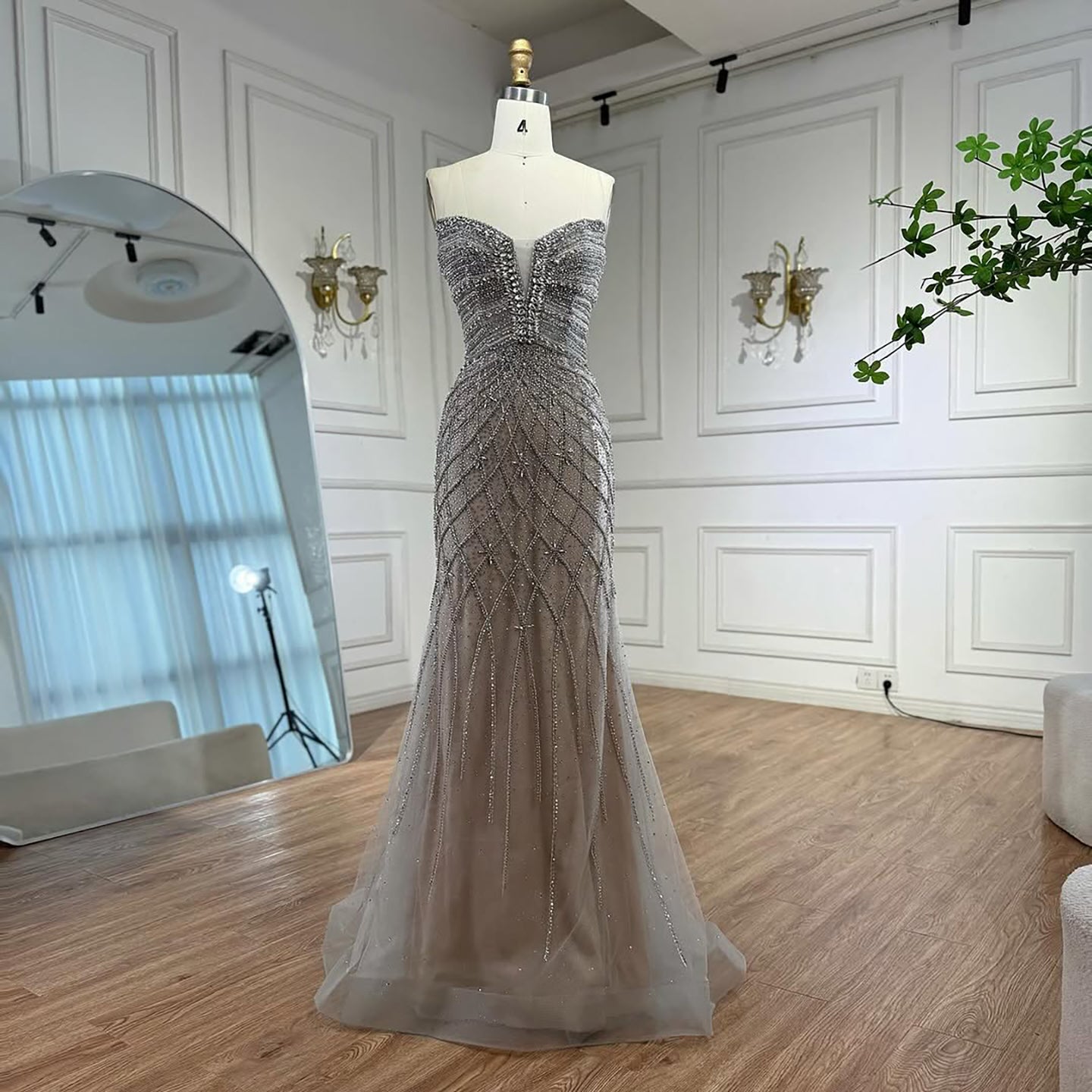 Nude Luxury Beaded Strapless Evening Dress with Detachable Puffy Cape LA73411