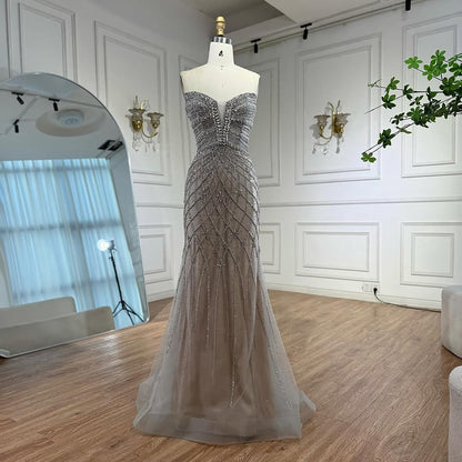 Nude Luxury Beaded Strapless Evening Dress with Detachable Puffy Cape LA73411