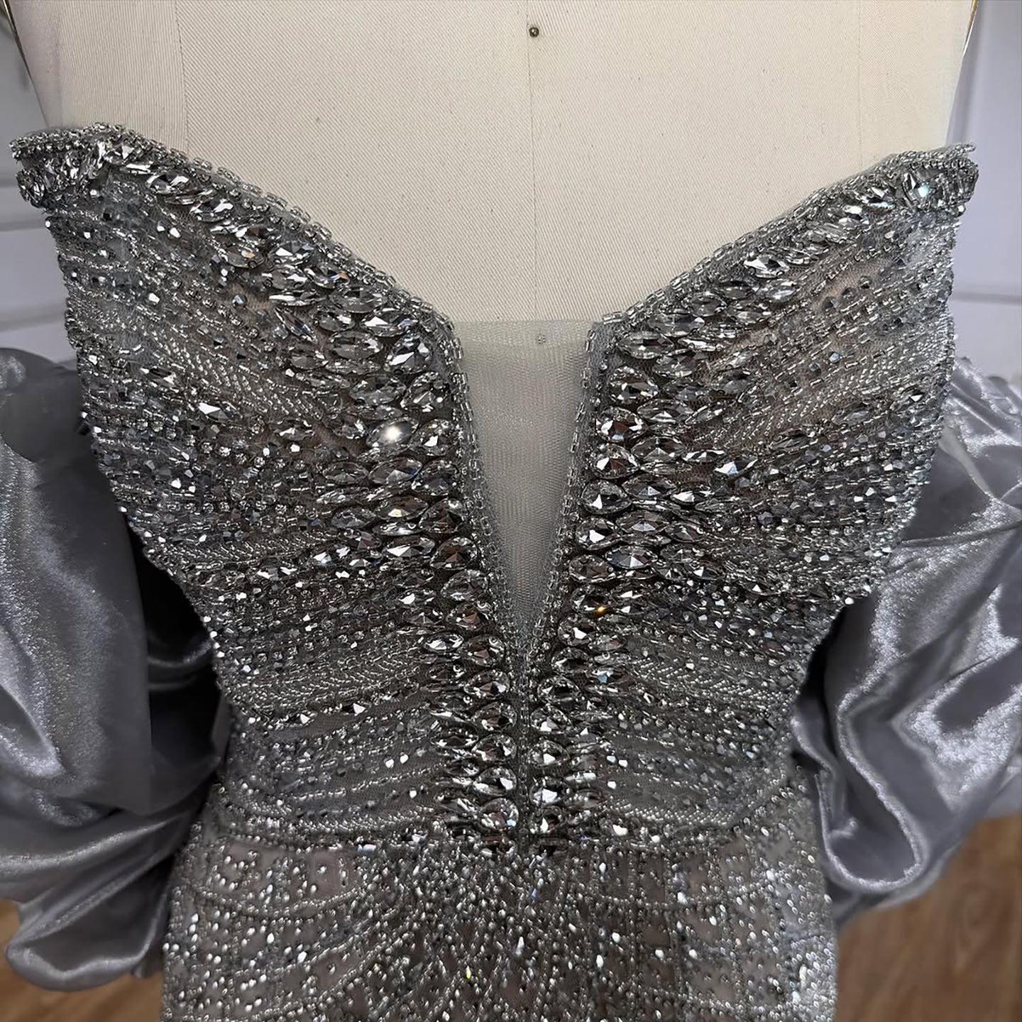 Nude Luxury Beaded Strapless Evening Dress with Detachable Puffy Cape LA73411