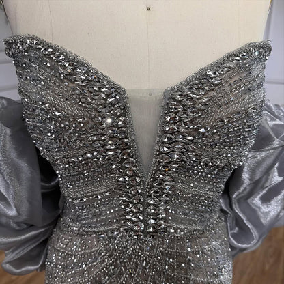Nude Luxury Beaded Strapless Evening Dress with Detachable Puffy Cape LA73411