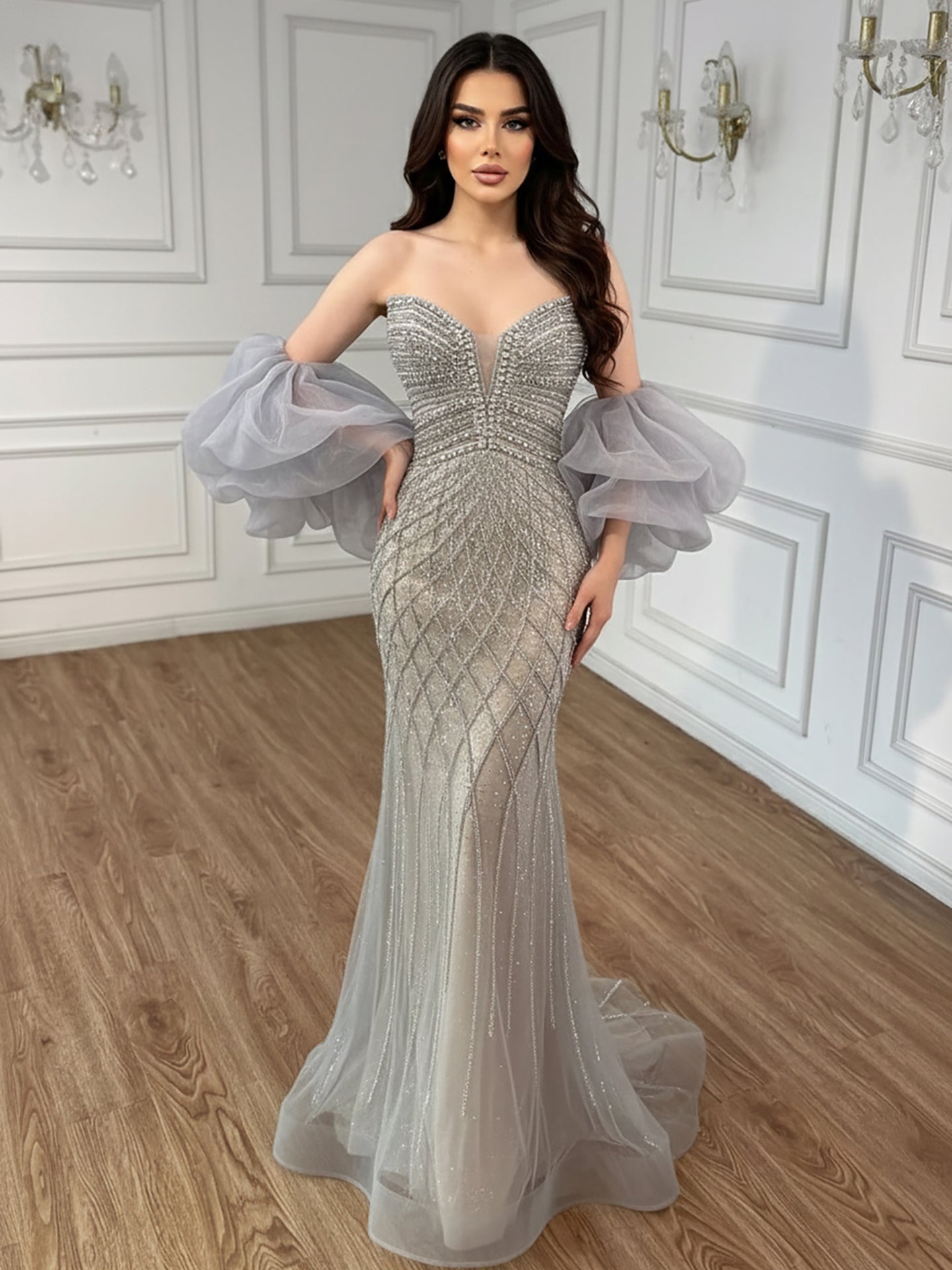 Nude Luxury Beaded Strapless Evening Dress with Detachable Puffy Cape LA73411