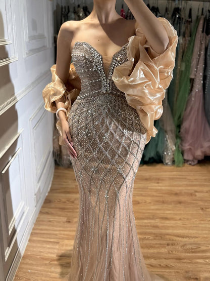 Nude Luxury Beaded Strapless Evening Dress with Detachable Puffy Cape LA73411