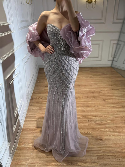 Nude Luxury Beaded Strapless Evening Dress with Detachable Puffy Cape LA73411