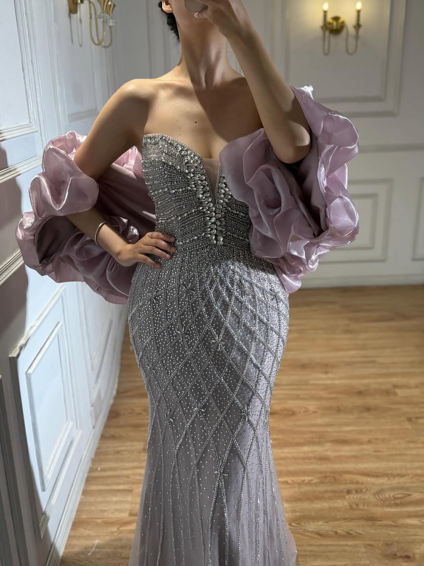 Nude Luxury Beaded Strapless Evening Dress with Detachable Puffy Cape LA73411