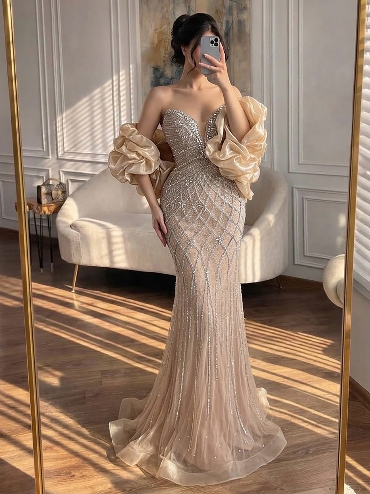Nude Luxury Beaded Strapless Evening Dress with Detachable Puffy Cape LA73411