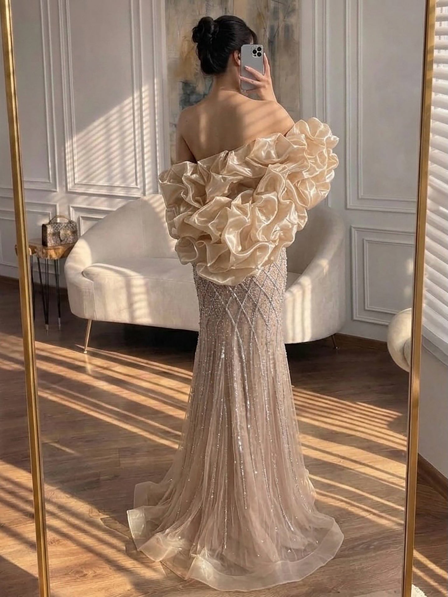 Nude Luxury Beaded Strapless Evening Dress with Detachable Puffy Cape LA73411