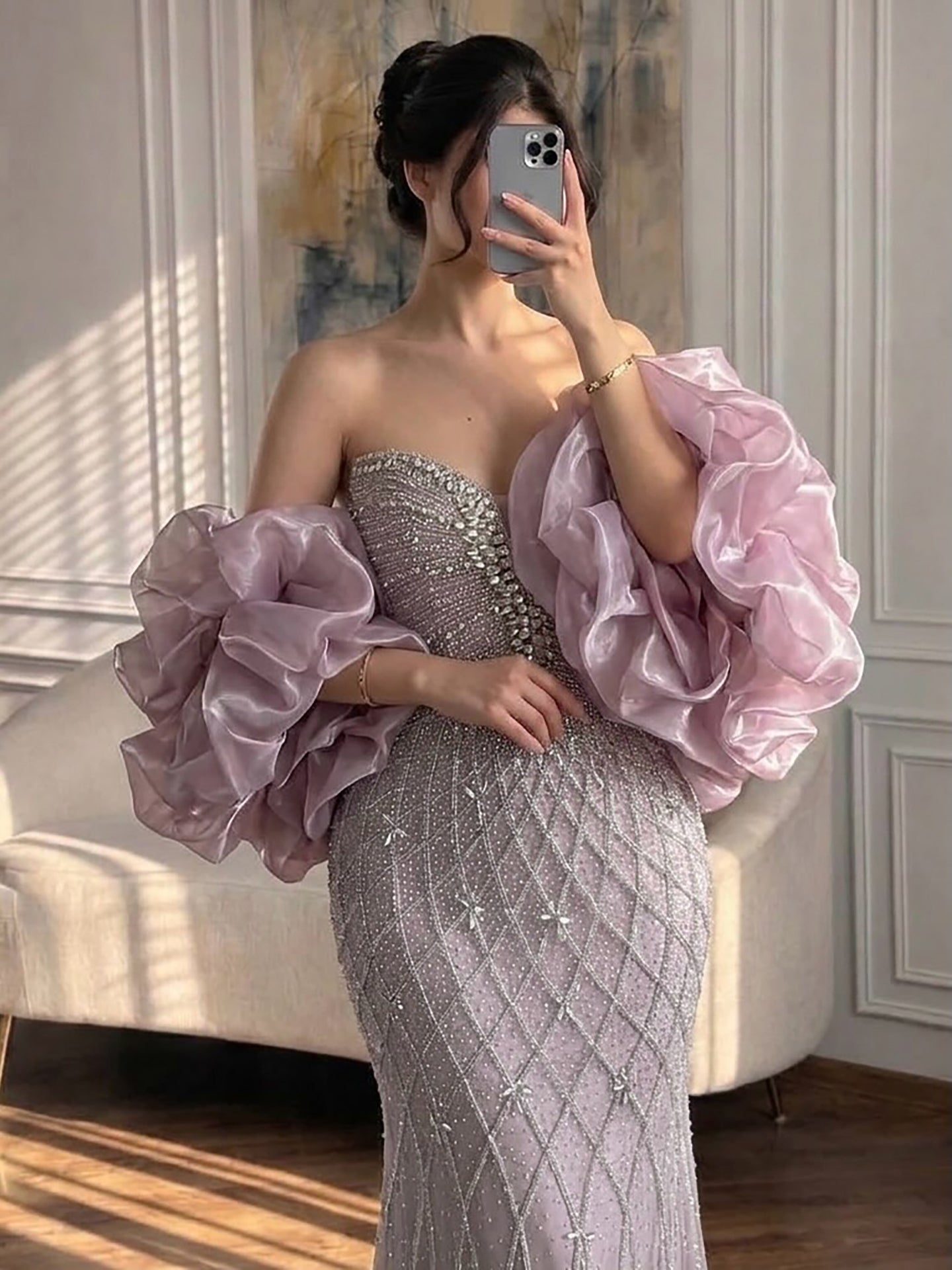Nude Luxury Beaded Strapless Evening Dress with Detachable Puffy Cape LA73411