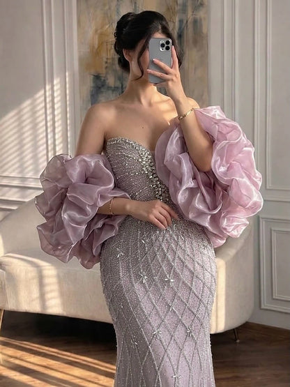Nude Luxury Beaded Strapless Evening Dress with Detachable Puffy Cape LA73411