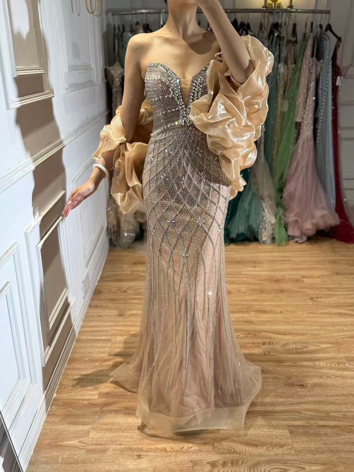 Nude Luxury Beaded Strapless Evening Dress with Detachable Puffy Cape LA73411