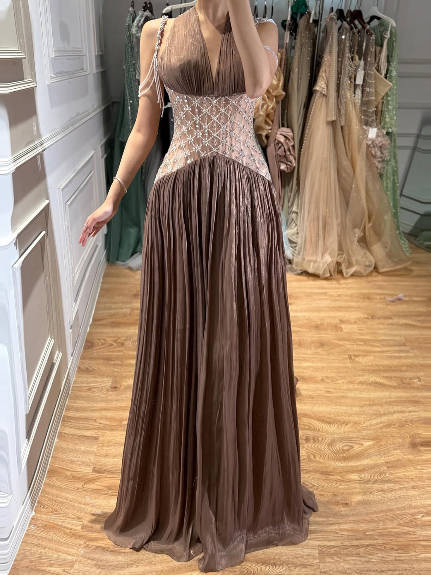 Turquoise Halter Neck Beaded Corset A-Line Evening Dress LA73421