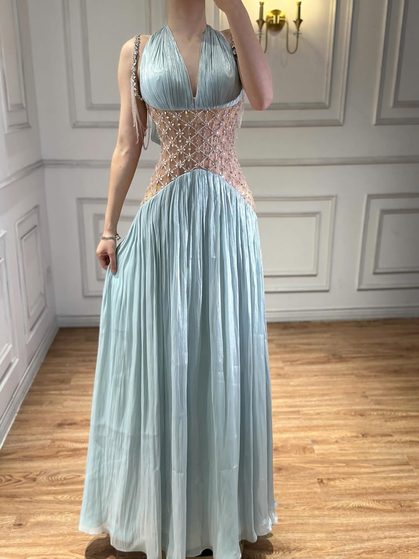 Turquoise Halter Neck Beaded Corset A-Line Evening Dress LA73421